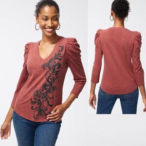 New Chico's Scroll Print 3/4 Sleeve Romantic Tee Size 0 US S
